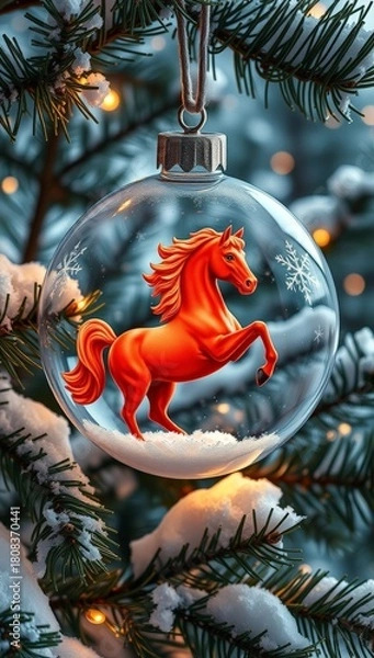 Fototapeta Clear Christmas Bauble with Red Rearing Horse Figurine on Snowy Winter Pine Branch Background_2