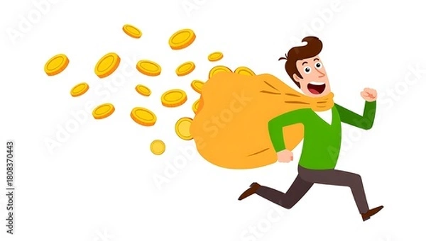Fototapeta Energetic cartoon man running with a gold-filled money bag, symbolizing wealth, success, profit, and financial achievement. Dynamic character showcases prosperity, motivation, excitement, and fast.