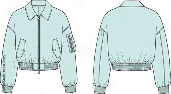 Fototapeta Mint green bomber jacket technical flat sketch, front and back view, zip-up flight coat with collar, sleeve pocket, elastic hem, apparel design template, cad drawing flat vector.