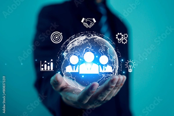 Fototapeta Businessman using people icon concept of development, data exchange, customer service, training, leadership, resources, policy, suggestions, professional team, recruitment, digital technology