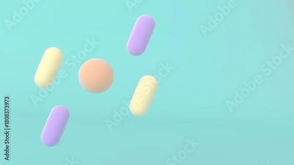 Fototapeta Soft pastel scene with floating rounded capsules and central sphere on teal background