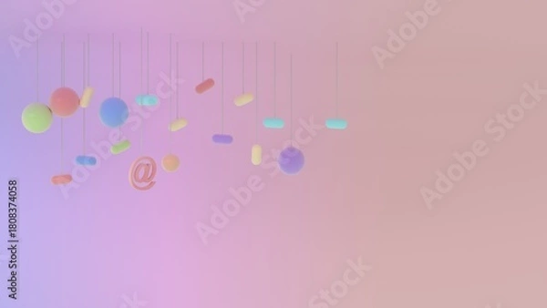 Fototapeta Soft pastel composition with scattered spheres capsules and floating at symbol on pink gradient background