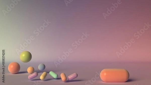Fototapeta Soft pastel arrangement with scattered spheres and capsules on warm gradient background