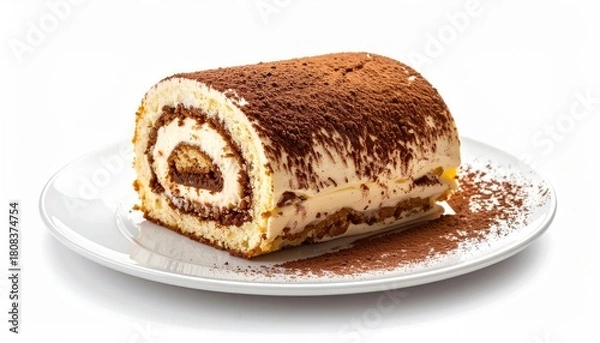 Fototapeta A slice of delicious tiramisu roll cake served on a plate, dusted with cocoa powder, A sweet delight for dessert lovers