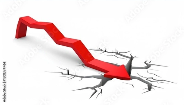 Obraz A downward arrow piercing through cracked ground, symbolizing decline and risk. The red arrow suggests a warning or negative trend