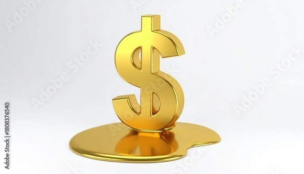 Fototapeta Golden dollar symbol melting into a puddle, symbolizing financial concepts. It is an illustration of economic fluidity