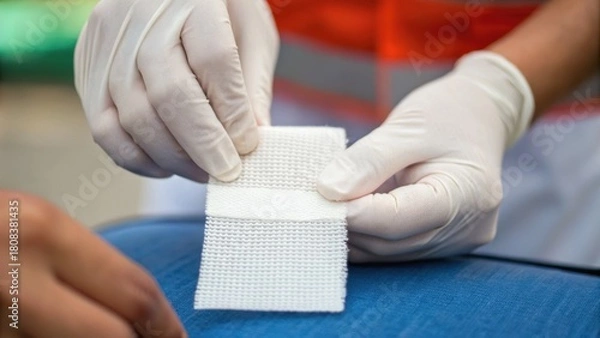 Obraz A person in gloves is applying a bandage to a wound on a patient's leg, demonstrating first aid or medical assistance in a clinical setting.
