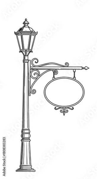Fototapeta Vintage Street Lamp Post with Blank Oval Hanging Sign in Outline Vector Illustration Style
