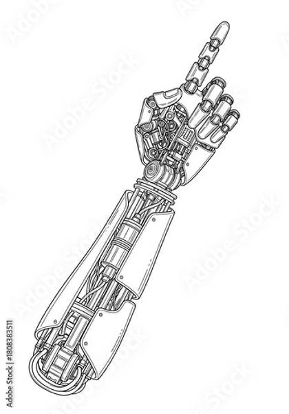 Obraz Detailed black and white line art of a futuristic bionic arm prosthesis pointing upward, revealing complex internal mechanical components and hydraulics.