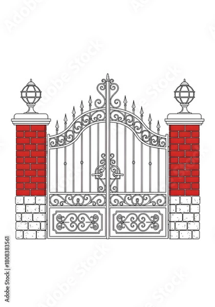 Obraz Detailed vector illustration of an elaborate wrought iron entrance gate flanked by classic brick and stone pillars topped with decorative globe-style lanterns.