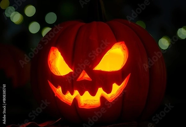 Fototapeta Pumpkin with a carved jack-o'-lantern face glowing eerily in the dark,  spooky,  glowing