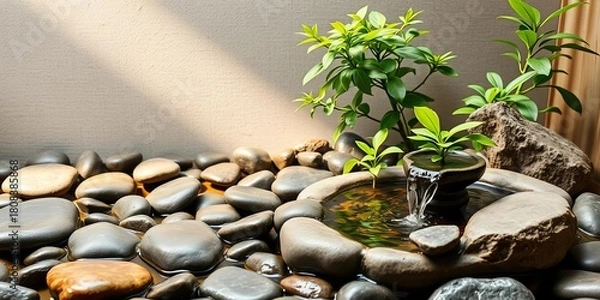 Fototapeta Zen-inspired indoor garden with smooth river stones, a vibrant green plant, and a small water fountain, promoting calm and balanced energy flow,  organized,  natural elements