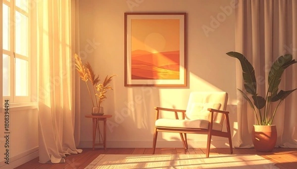 Fototapeta Sun-Drenched Serenity - A Cozy Interior with Warm Light and Natural Elements.