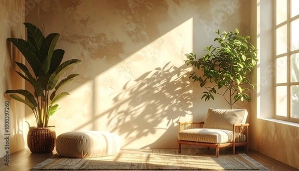 Fototapeta Sun-Drenched Serenity - A Minimalist Interior with Lush Greenery and Natural Light.