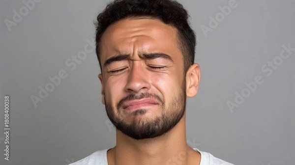 Fototapeta A man with closed eyes and a furrowed brow displays an expression of intense pain or distress