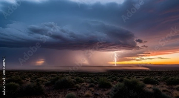 Obraz Dramatic lightning strikes during a sunset storm over a sparse desert landscape