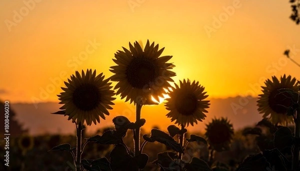 Fototapeta Sunflowers silhouetted against a vibrant sunset sky, creating a warm and inviting scene.