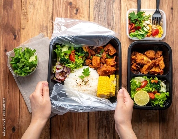 Fototapeta Hands holding a full meal in a takeout container