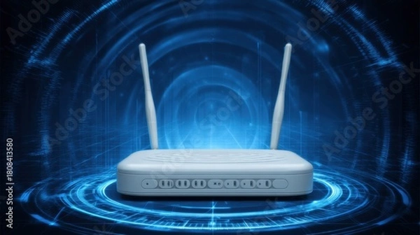 Obraz Modern Wireless Router with Antennas and Digital Display on Futuristic Blue Background for Technology Concepts