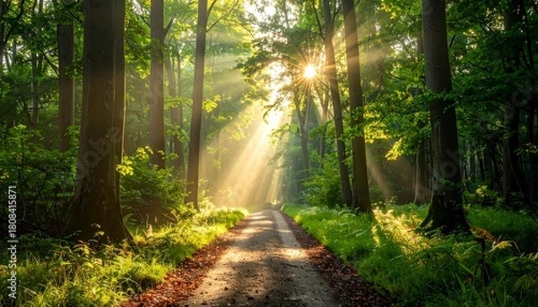 Fototapeta Sunlight filtering through trees along a forest path.