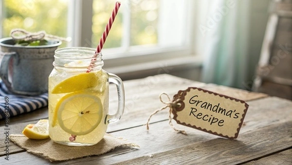 Fototapeta Mason jar of lemonade with lemon slice and tag grandma recipe