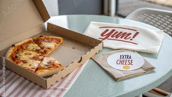 Fototapeta Open pizza box with cheesy slices on a table with yum and extra cheese label