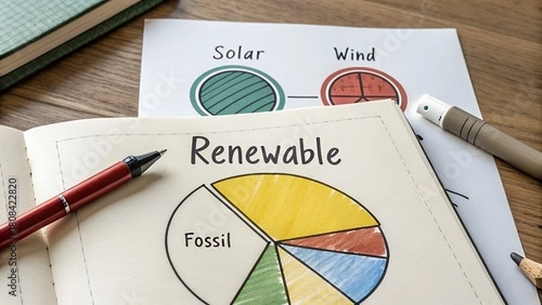 Fototapeta Pie chart showing renewable energy versus fossil fuels on paper