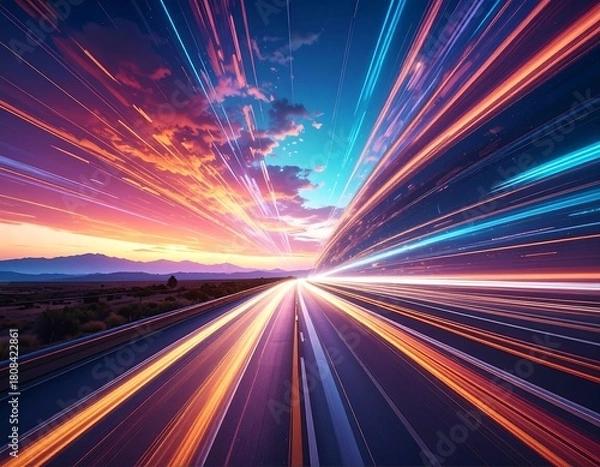 Fototapeta Highway perspective with vibrant speed light trails against sunset sky