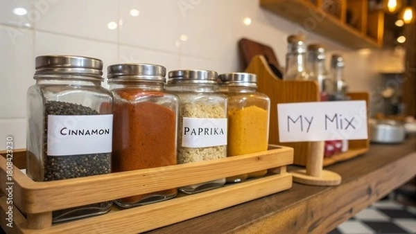 Fototapeta Row of spice jars on a wooden rack with cinnamon paprika my mix tag