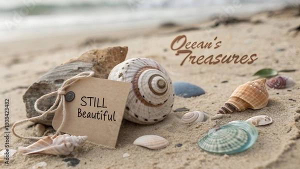 Fototapeta Seashells and message still beautiful ocean treasure on sandy beach with ocean treasures
