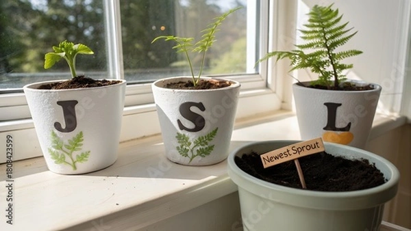 Fototapeta Small potted plants with letter J S L and newest sprout growing on a sunny window sill