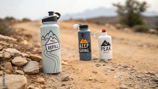 Fototapeta Three reusable water bottles on a dusty outdoor trail with refill keep peak word on it