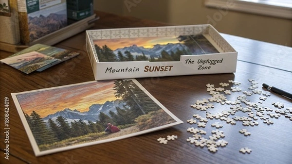Fototapeta Unfinished mountain sunset jigsaw puzzle scattered on table with the unplugged zone word