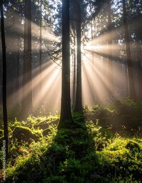 Fototapeta Sunlight Through the Forest Canopy - A Serene Woodland Scene.