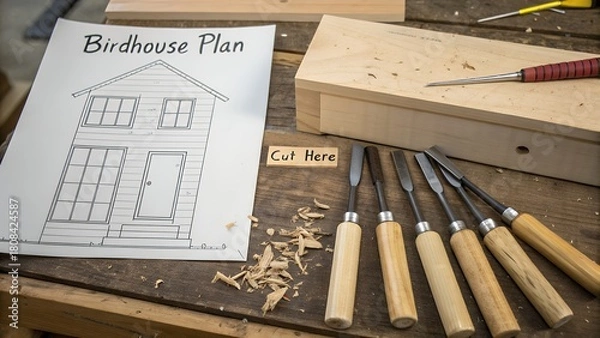 Fototapeta Woodworking tools and birdhouse plan on a wooden workbench