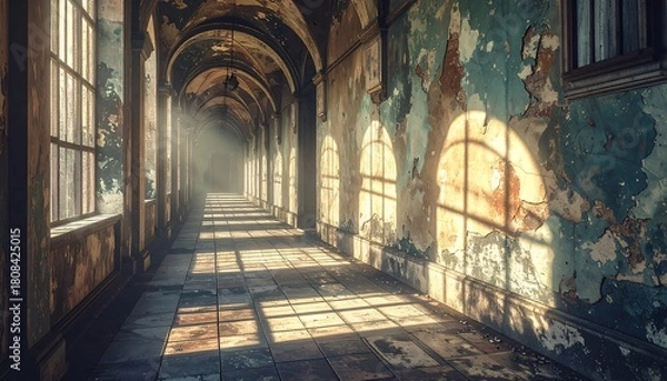 Fototapeta Sunlit Abandoned Hallway - A Hauntingly Beautiful Architectural Exploration.