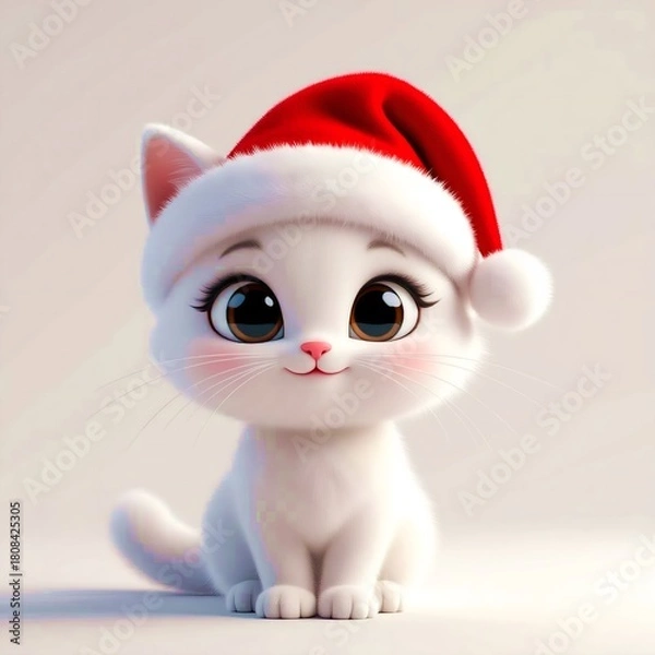 Fototapeta Cute White Christmas Cat in Red Hat