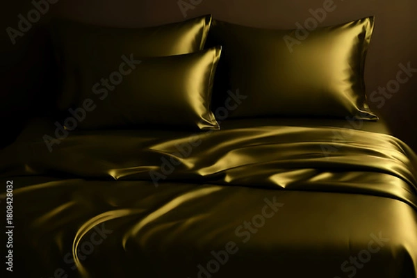 Fototapeta Golden satin bedding with smooth folds and soft highlights creates a warm, luxurious bedroom atmosphere. The rich metallic sheen and deep shadows add elegance, depth, and a refined premium aesthetic.