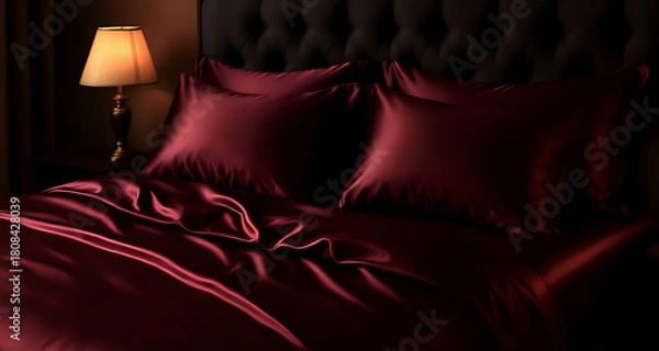 Fototapeta Deep burgundy satin bedding softly illuminated by a warm bedside lamp creates a rich, elegant nighttime atmosphere. Smooth folds, glossy highlights and dark shadows add luxury and depth to the bedroom