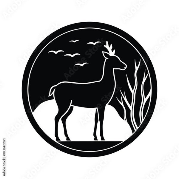 Fototapeta Deer standing nature silhouette circular emblem with flying birds isolated on white background
