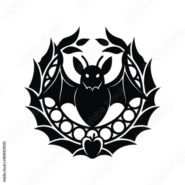 Fototapeta Stylized bat graphic in ornate gothic circular frame design. isolated on white background
