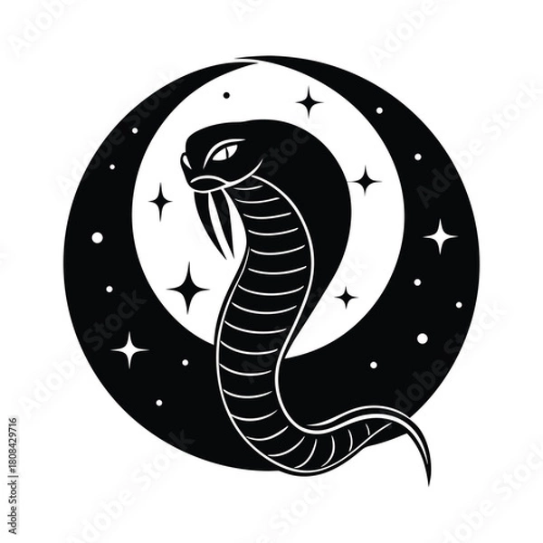 Fototapeta Mystical cobra snake with crescent moon and stars occult illustration isolated on white background