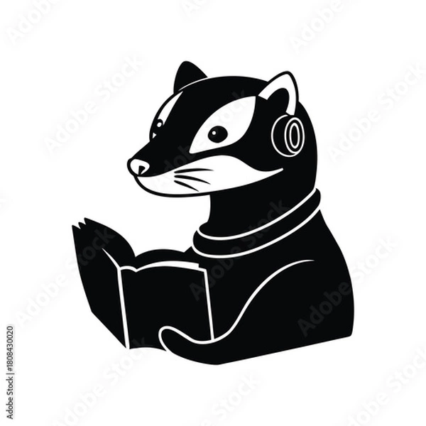 Fototapeta Badger cartoon character reading a book and wearing headphones isolated on white background
