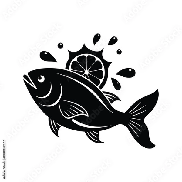 Fototapeta Stylized fish, lemon slice, and water splash graphic icon design isolated on white background