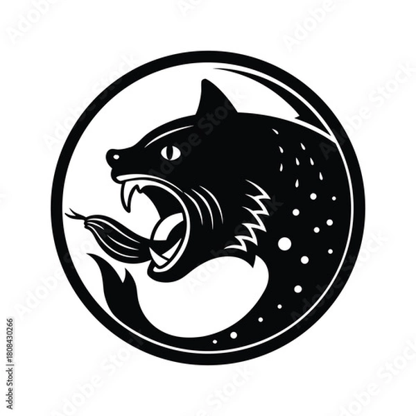 Fototapeta Aggressive stylized wolf head icon with sharp fangs and tongue isolated on white background