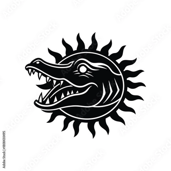 Fototapeta Stylized crocodile head with sun rays emblem tribal design vector isolated on white background