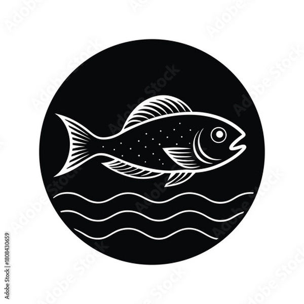 Fototapeta Hand drawn vintage fish swimming over waves in a circular emblem design isolated on white background