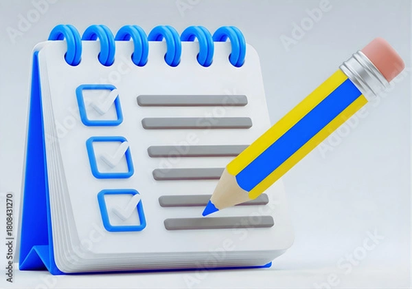 Fototapeta paper clipboard with pencil. 3d notepad, task management concept, todo check list with pen, notes, exam paper checklist icon. 3D Rendering illustration isolated on transparent background