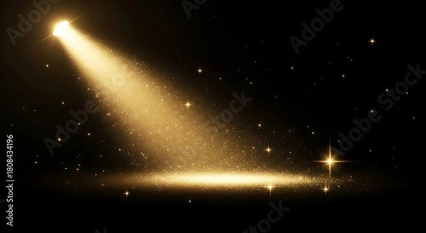 Fototapeta A golden spotlight shines down on a dark surface with twinkling stars scattered in the background scene