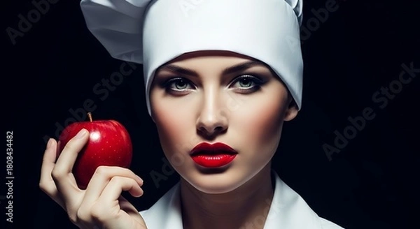 Fototapeta A woman in chef's hat holding a red apple with red lipstick on a dark background looking at the camera